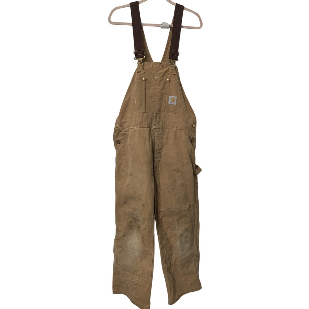 Vintage Carhartt Distressed Duck Canvas Double Knee Bib Overalls Brown Mens